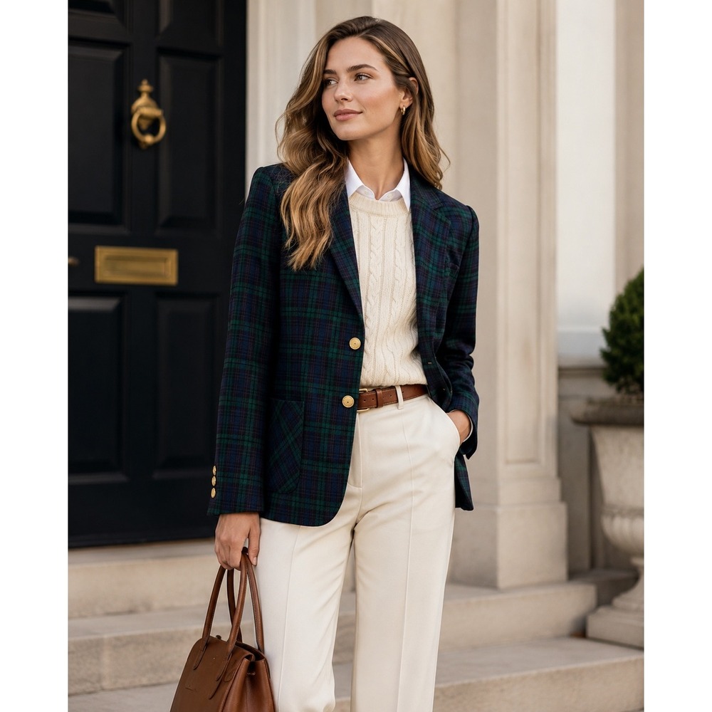Cape Cod Match Mates Womens Plaid Blazer Jacket Gold Buttons Blue‎ Green Size M